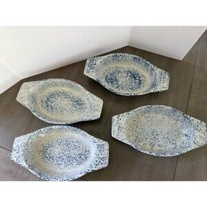 Vintage Monmouth Pottery 12oz Augratin Dish Bakers Maple Leaf USA Blue Speckles